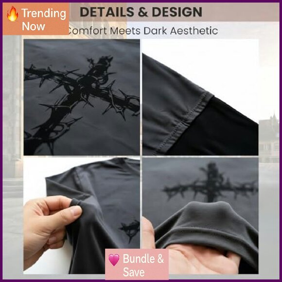 Gothic Long Sleeve Tee Thorn Cross Print Punk Streetwear Unisex - Picture 6 of 7